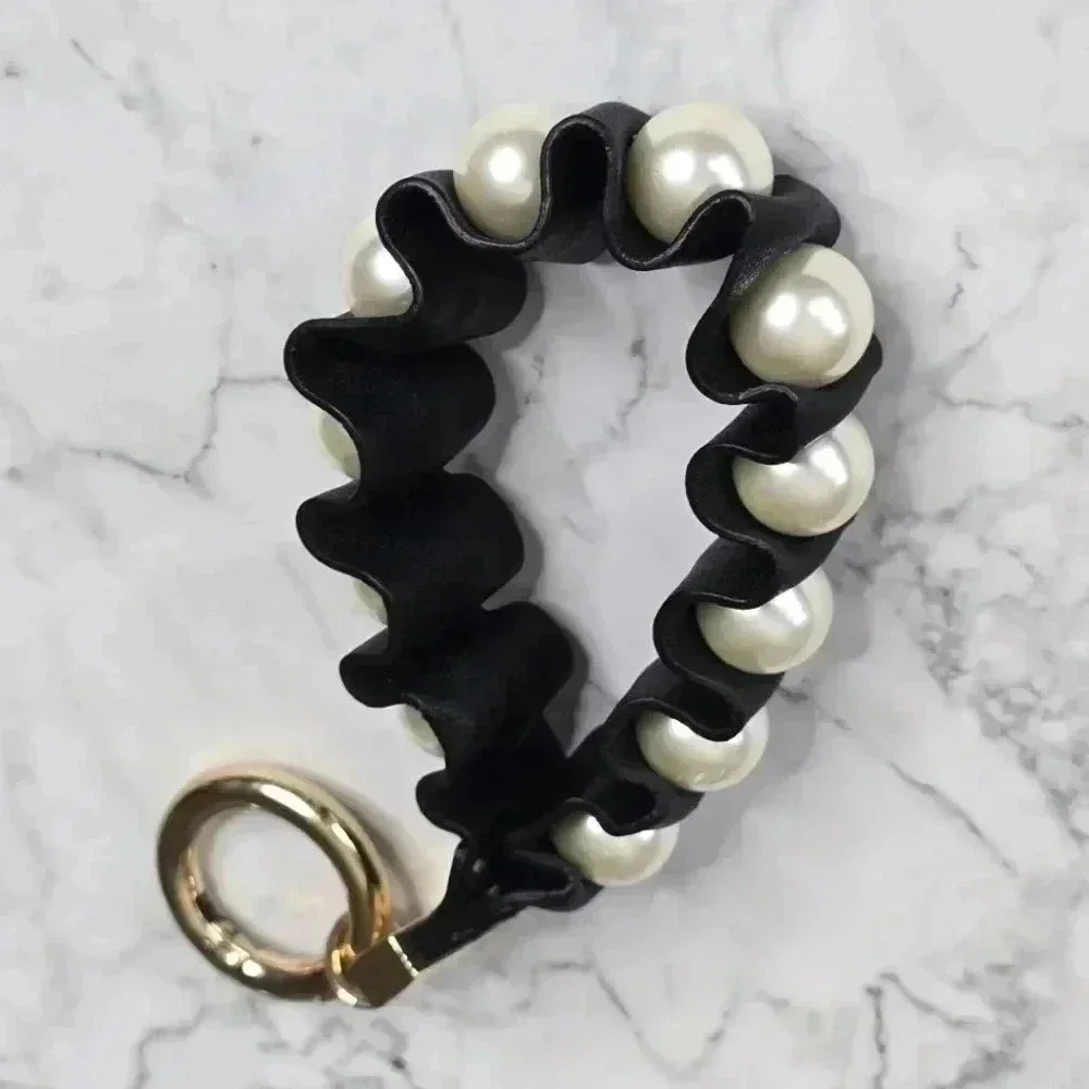 Black Faux Leather Pearl Accent Circle Clip Hook Wristlet‎ Keychain